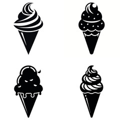 Set of Four Black and White Ice Cream Cone Illustrations on White Background