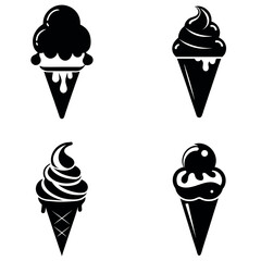 Collection of Black and White Ice Cream Cone Illustrations with Various Styles on White