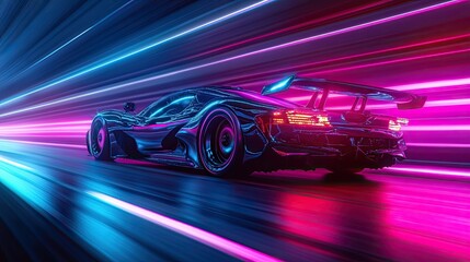 Futuristic sports car speeding along a neon-lit highway