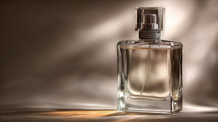 Perfume bottle elegantly displayed in soft natural light, showcasing its sleek design and transparent glass. gentle illumination highlights contours and reflections, creating serene atmosphere