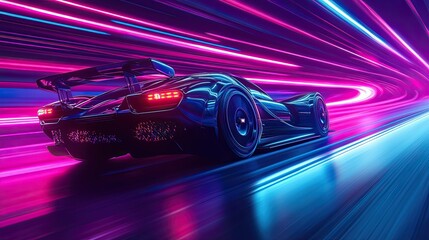 Futuristic sports car speeding along a neon-lit highway