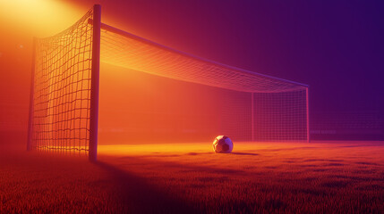 Orange and Purple Soccer Ball by Goal Net at Sunset for Dynamic Sports Presentation Background