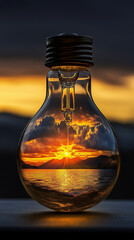 Surreal Sunset Landscape Encased in Light Bulb for Conceptual Art