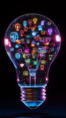Neon Multicolor Icon Lightbulb Illustration for Technology Innovation Background