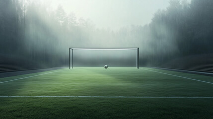 Soccer Ball on Foggy Stadium Field Background for Dramatic Sports Design