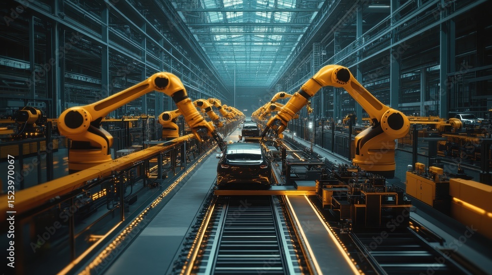 Poster industrial robots working in an automated manufacturing facility with assembly line precision
