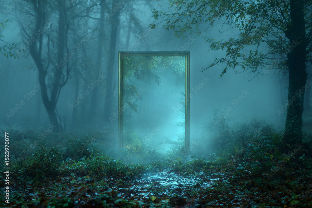Poster a mystical portal in a foggy forest with a golden frame showing another world in the distance view