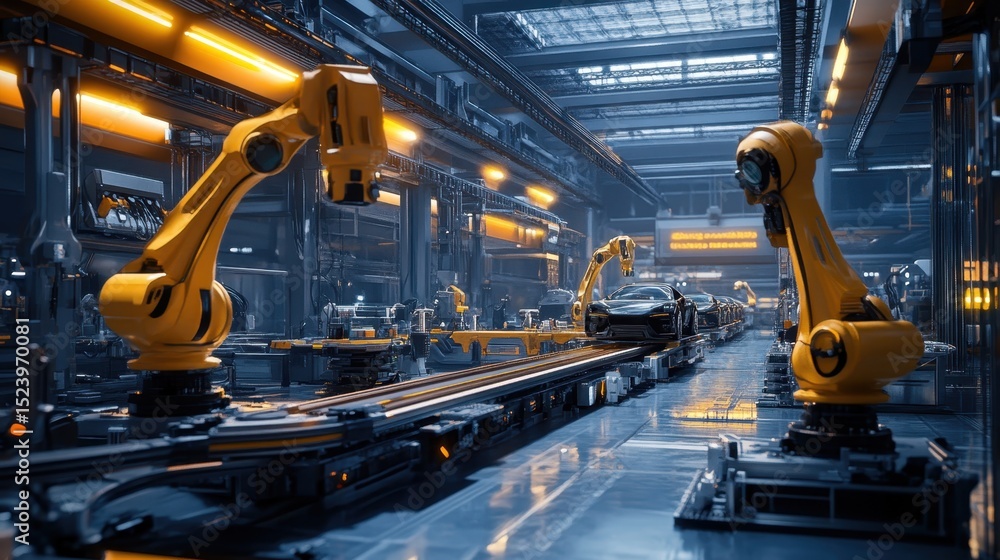 Poster industrial robots working in an automated manufacturing facility with assembly line precision