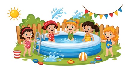 Obraz premium A group of children playing in an inflatable pool on a sunny day with decorations above