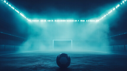 Soccer Ball on Foggy Stadium Field Background for Dramatic Sports Design