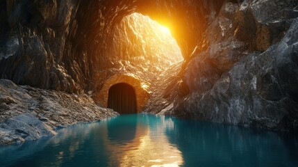 Sunlit cave opening over a tranquil pool