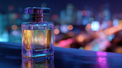 Elegant perfume bottle on glossy rooftop ledge, illuminated by city lights, creating vibrant and luxurious atmosphere. soft glow enhances beauty of bottle