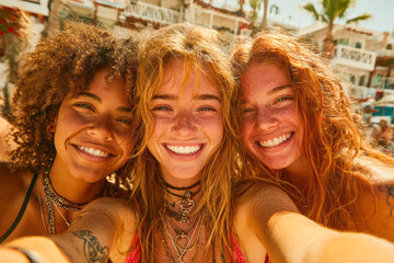 Three smiling women enjoying a sunny beach day with vibrant atmosphere and joyful expressions