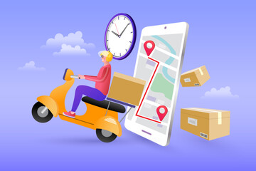 An express delivery rider on a flying scooter, with a smartphone showing a route and a clock, a vector illustration of fast and timely online shopping and e-commerce logistics.