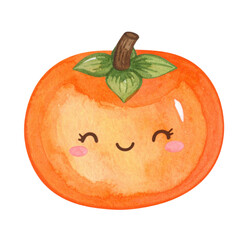 Obraz premium Cute smiling persimmon illustration with rosy cheeks and green leaves, showcasing playful and cheerful expression
