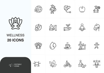 Minimal Wellness Icon Set, Healthy lifestyle, diet, exercise, sleep, yoga, fitness, self-care, 20 Health Symbols, Balanced Life Vector Pack,