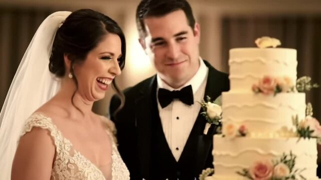 Joyful couple admiring their wedding cake, capturing a memorable moment.