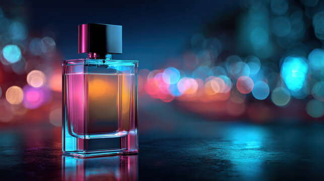 Sleek perfume bottle stands elegantly on glossy surface, illuminated by vibrant bokeh lights in background, creating captivating and luxurious atmosphere