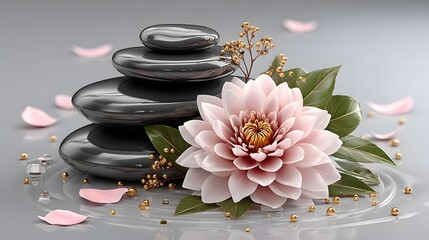 Pink lotus on black stones high resolution photo