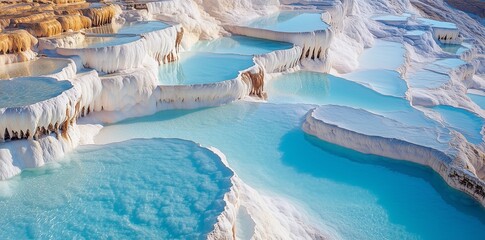 Tiered Hot Springs Terraces with Blue Water and White Salt &ndash; Turkish Landscape on Sunny Day

