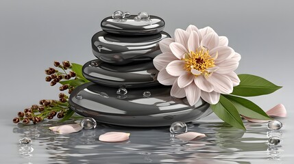 Tranquil blossom beside stacked rocks high resolution photo