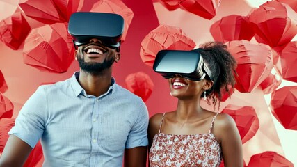 Smiling young black couple using virtual reality goggles against red romantic hearts background, expressing tech love concept
- Powered by Adobe