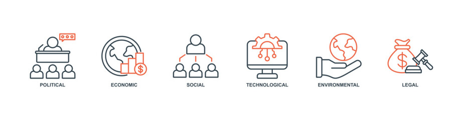 Pestel banner web icon set vector illustration concept with icon of political, economic, social, technological, environmental, legal