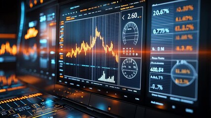 Digital trading interface displaying real-time stock market graphs and financial data in a high-tech environment with blue and orange glow
 - Powered by Adobe
