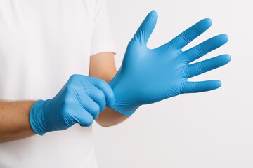 Preparation for a medical procedure with blue gloves signifying hygiene and safety measures in a clinical setting