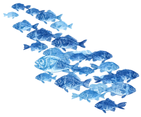 A school of blue fish swimming together in the same direction, isolated on a white background in a simple and minimalist illustration style