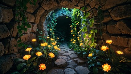 Obraz premium Hidden garden pathway with stone walls and blooming flowers 