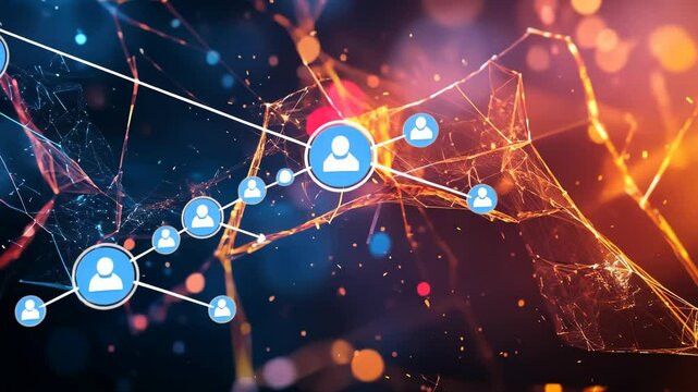 Dynamic digital network connection with glowing data nodes in abstract space