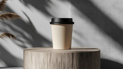 Beige disposable coffee cup on a wooden pedestal in a light and airy setting