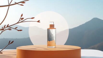 Cosmetic bottle on podium, nature backdrop