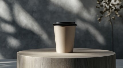 A light beige coffee cup sits on a wooden pedestal in a sunlit room