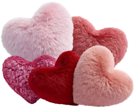 Pile of fluffy heartshaped pillows in various shades of pink and red isolated on transparent background