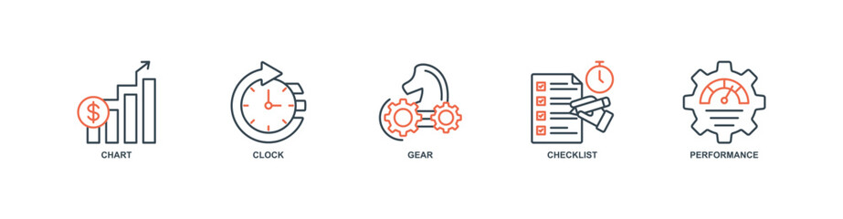 productivity metrics banner web icon set vector illustration concept with icon of chart, clock, gear, checklist, performance