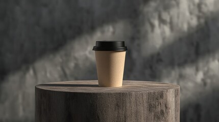 A disposable coffee cup sits on a wooden stump against a textured wall