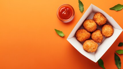 Crispy fried balls in a white paper box, garnished with leaves, on an orange background