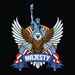 Fototapeta premium 4th of July Independence Day Bald Eagle with American Flag Shield and Liberty Statue Illustration