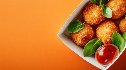 Crispy fried balls in a white cardboard box with a side of ketchup and fresh basil leaves