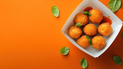 Crispy cheese balls in a white box on an orange background
