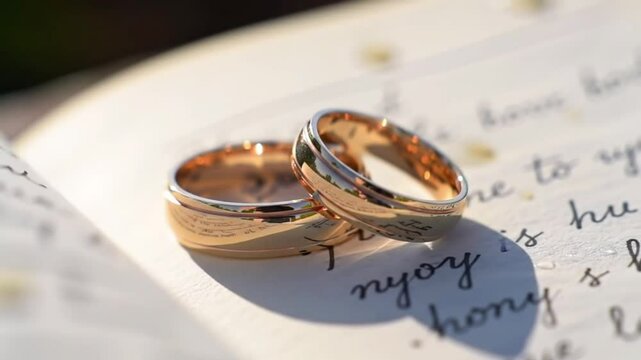 Close-up of gold wedding rings on a handwritten note.