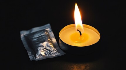Candle Flame Illuminating a Black Background with Drug Package Beside It