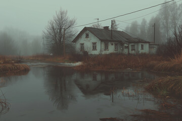 A house is surrounded by a pond and a forest