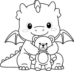 A very cute winged baby dragon holding his teddy bear - Just strokes to color.
