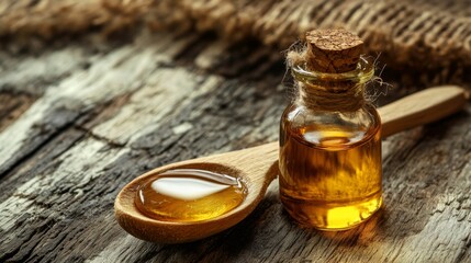 Castor Oil Bottle Next to Wooden Spoon on Rustic Wooden Table