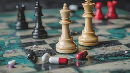 Chessboard with Drug Paraphernalia Representing Strategic Choices in Life