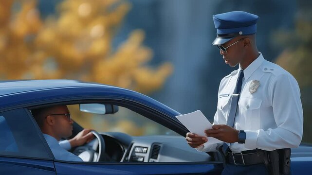 Police officer issues traffic citation to a parked driver in this high-quality stock video.