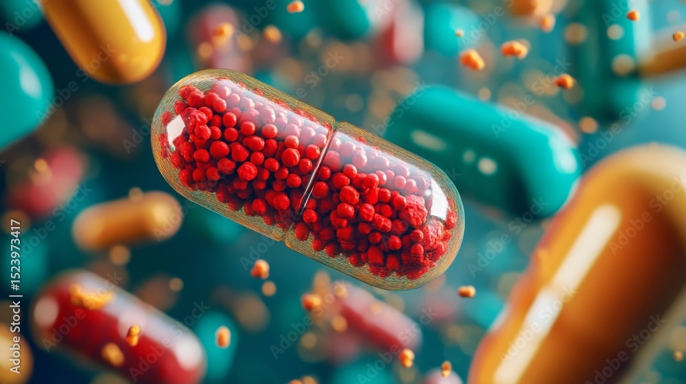 Poster vibrant capsule with red beads floating in 3d space with colorful background